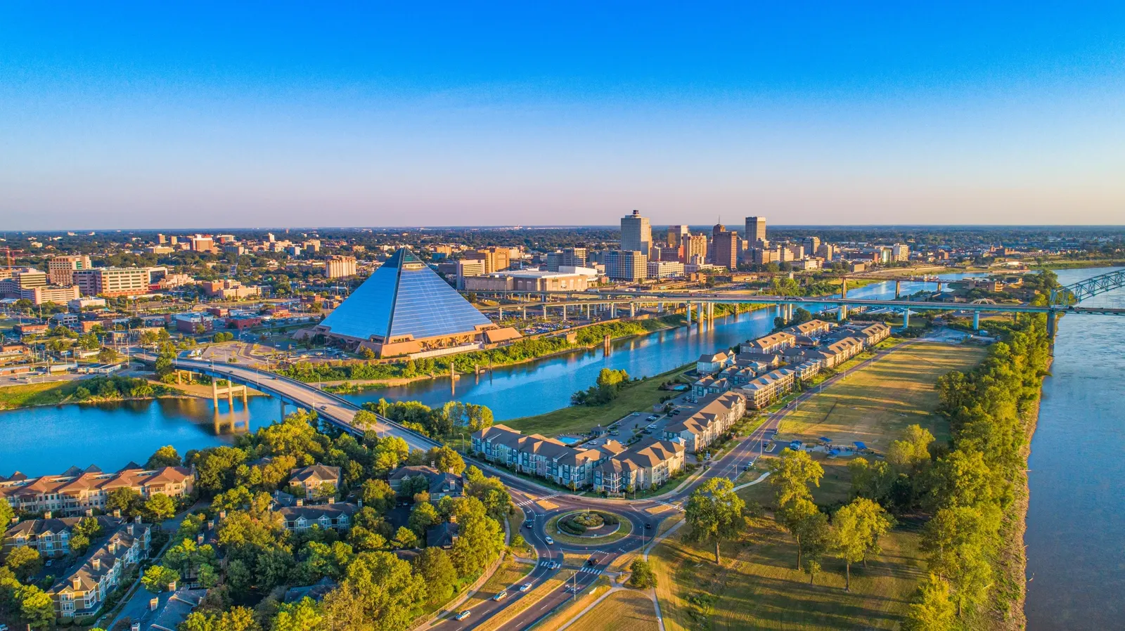 Aerial view of the Memphis skyline along the Mississippi River